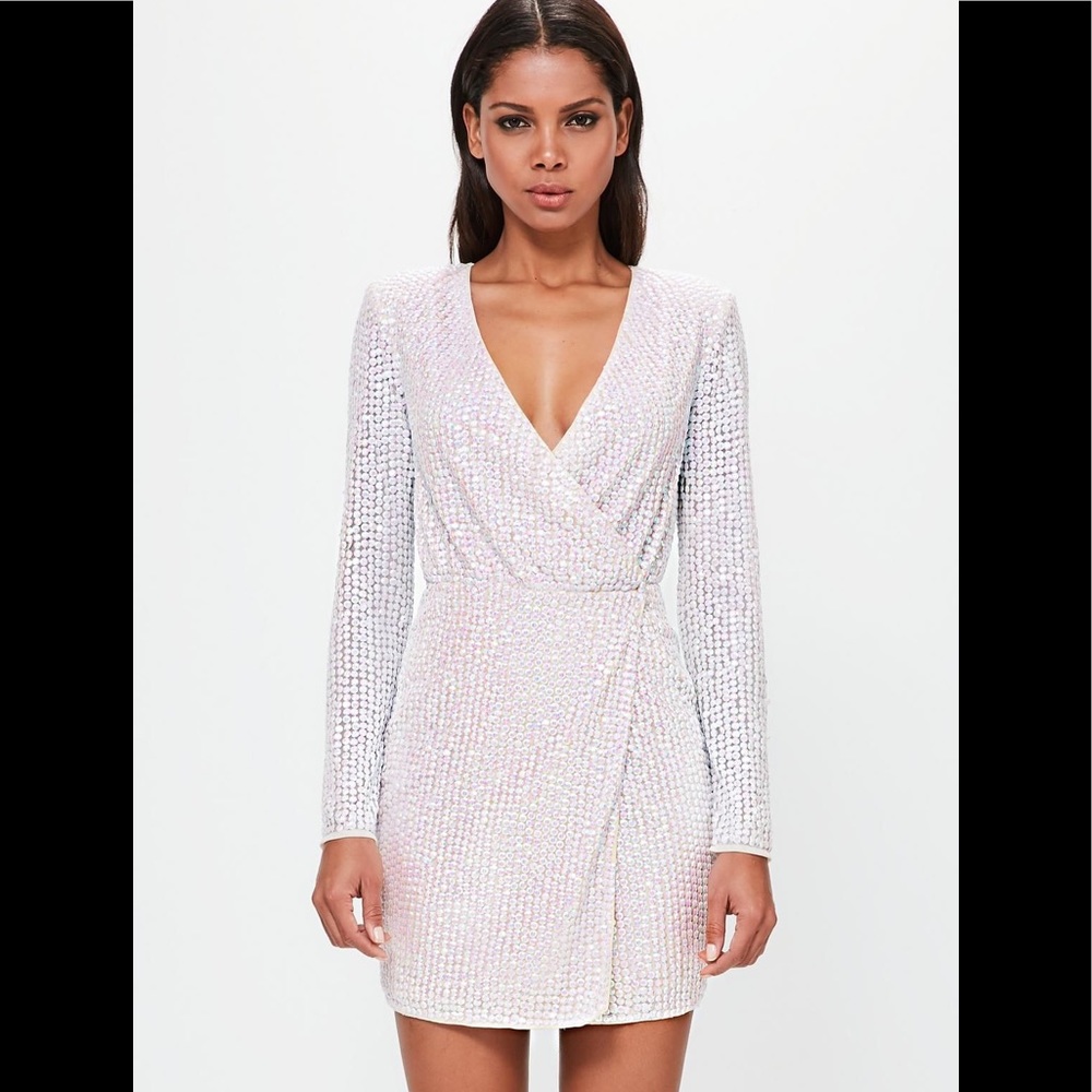 Peace + Love Silver Pearlescent Wrap Plunge Dress